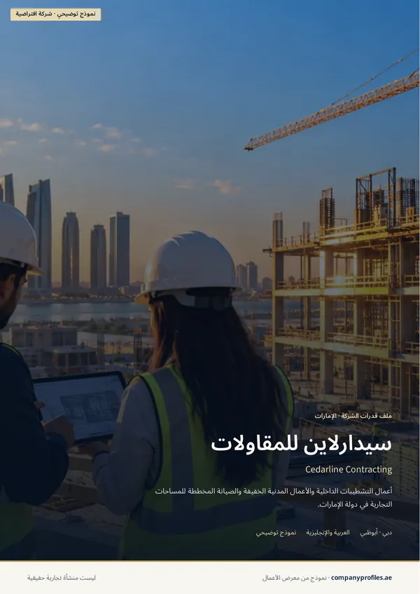 Cedarline Contracting sample profile, Arabic cover (right-to-left): the same cover photo, with سيدارلاين للمقاولات as the main title and the Arabic tagline. Marked as a fictional sample.
