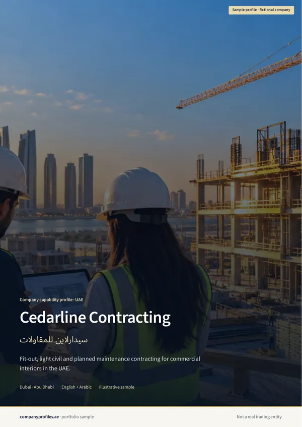 Cedarline Contracting sample profile, English cover: two site engineers in white hard hats and hi-vis vests reviewing a tablet in front of a building under construction with a tower crane. Title “Cedarline Contracting”, with the tagline: fit-out, light civil and planned maintenance contracting for commercial interiors in Dubai and Abu Dhabi. Marked as a fictional sample.