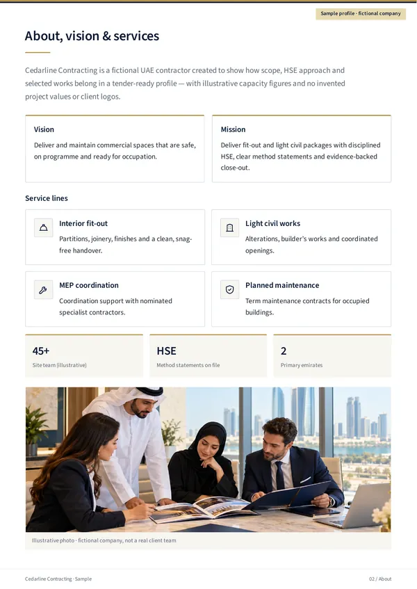 Cedarline Contracting sample profile, English page 2 “About, vision & services”: company introduction, vision and mission, four service lines (interior fit-out, light civil works, MEP coordination, and planned maintenance), three headline figures and a team-meeting photo.