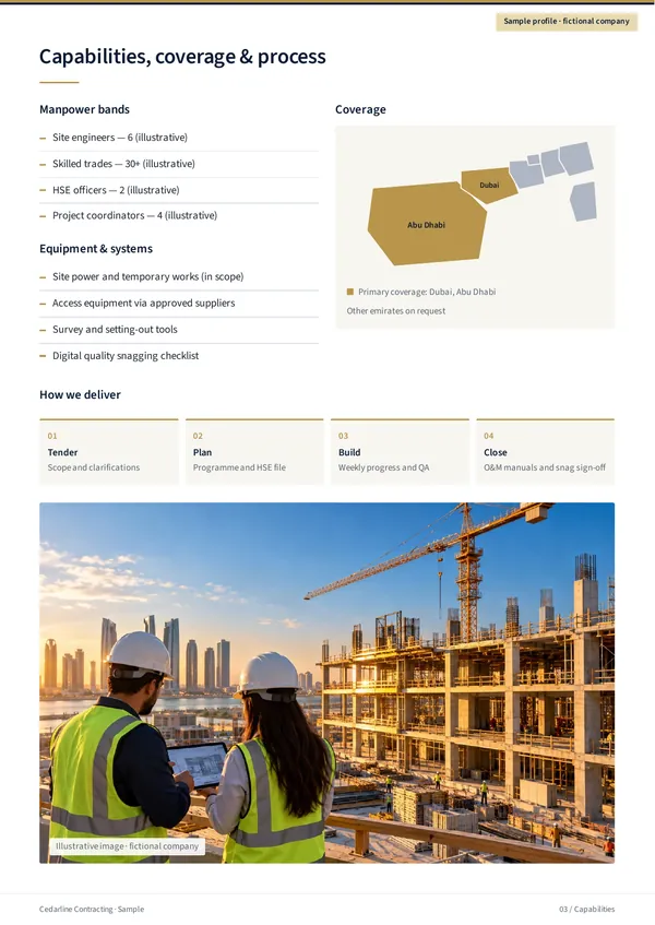 Cedarline Contracting sample profile, English page 3 “Capabilities, coverage & process”: workforce categories, equipment and systems, a UAE coverage map, a four-step service process and a photo of two engineers on a construction site at sunset.