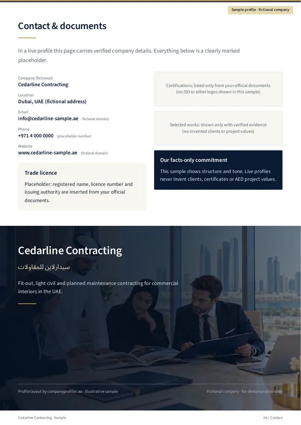 Cedarline Contracting sample profile, English page 4 “Contact & documents”: clearly marked placeholder contact details (fictional address and domain), notes on certifications and selected works, and a closing panel with the company name.