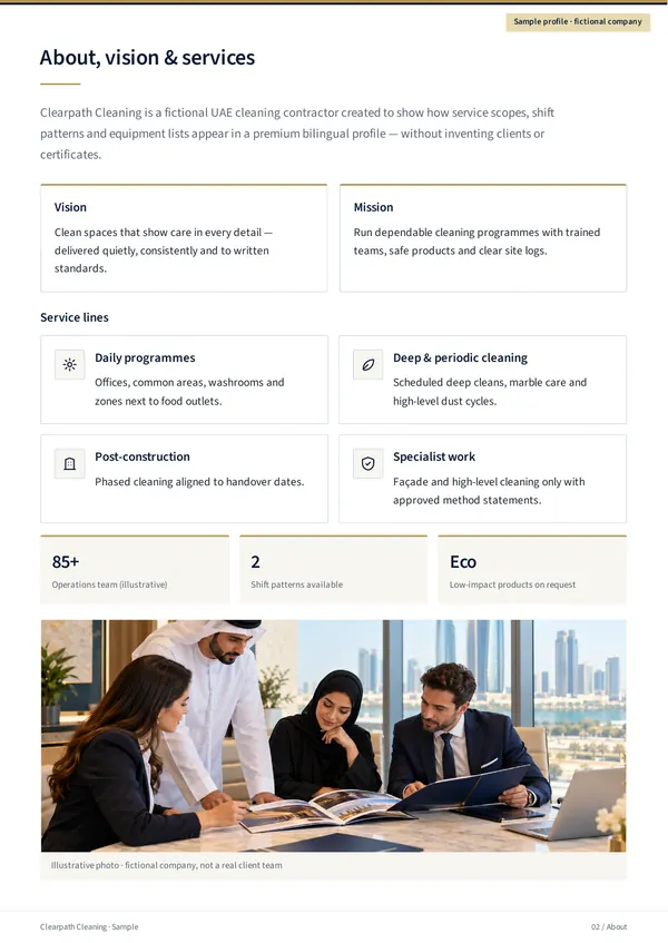 Clearpath Cleaning sample profile, English page 2 “About, vision & services”: company introduction, vision and mission, four service lines (daily programmes, deep & periodic cleaning, post-construction cleaning, and specialist work), three headline figures and a team-meeting photo.