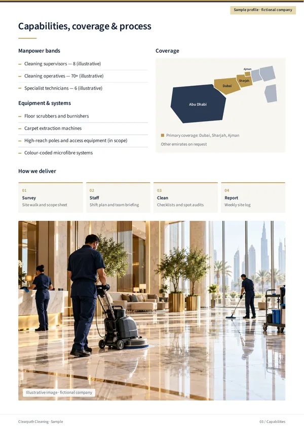 Clearpath Cleaning sample profile, English page 3 “Capabilities, coverage & process”: workforce categories, equipment and systems, a UAE coverage map, a four-step service process and a photo of cleaning staff at work.