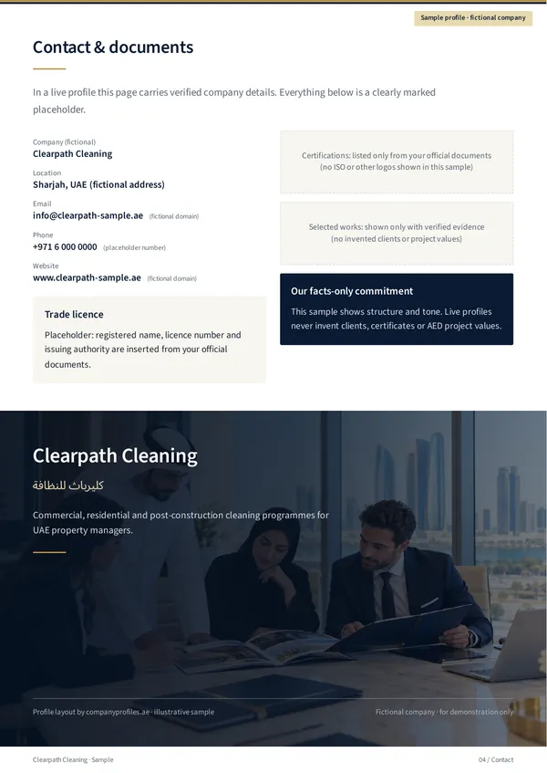 Clearpath Cleaning sample profile, English page 4 “Contact & documents”: clearly marked placeholder contact details (fictional address and domain), notes on certifications and selected works, and a closing panel with the company name.