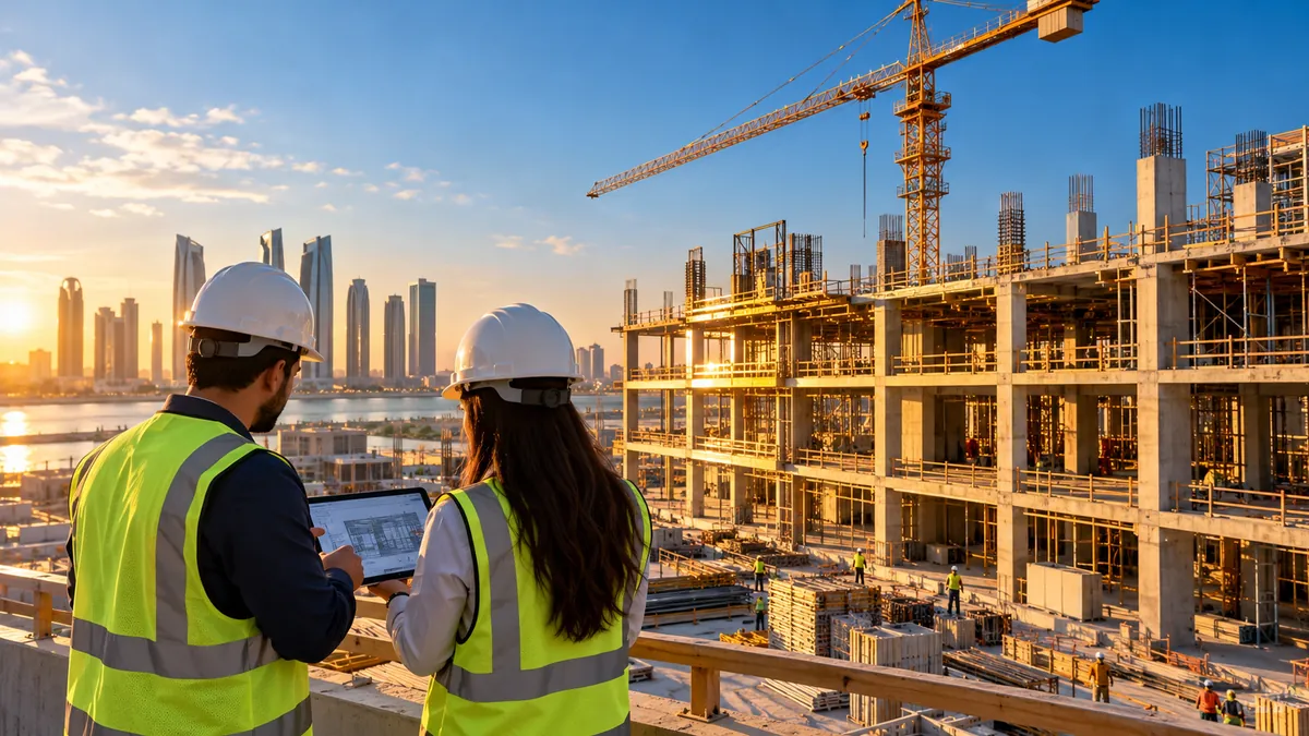 مهندسان بخوذات يراجعان جهازاً لوحياً في موقع إنشاء عند الغروب