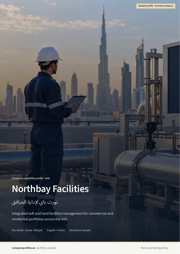Northbay Facilities sample profile, English cover: a technician in navy coveralls and a white hard hat holding a tablet on a rooftop plant area, with the Dubai skyline behind. Title “Northbay Facilities”, with the tagline: integrated soft and hard facilities management across Abu Dhabi, Dubai and Sharjah. Marked as a fictional sample.