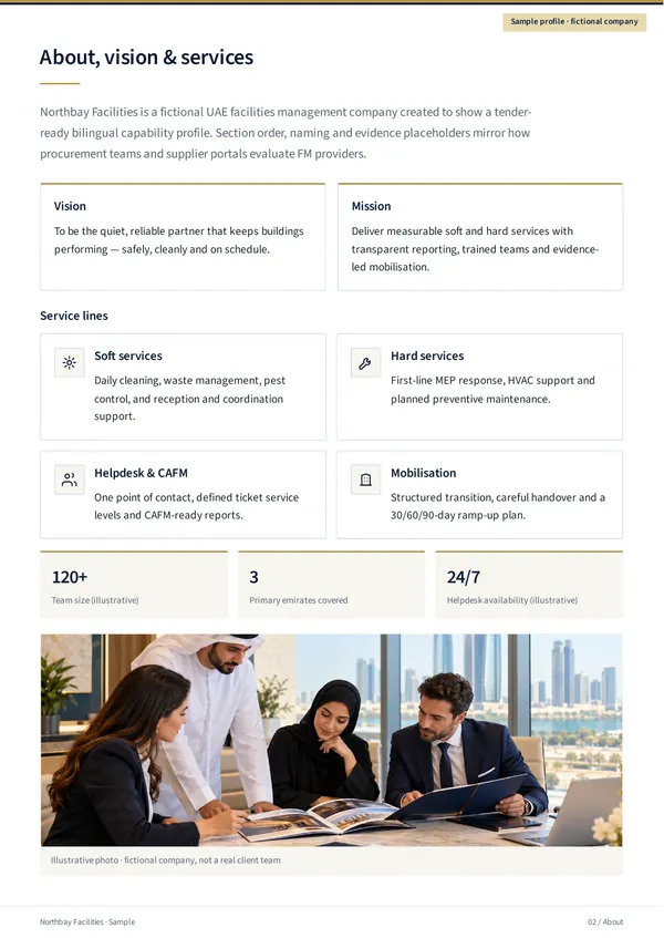 Northbay Facilities sample profile, English page 2 “About, vision & services”: company introduction, vision and mission, four service lines (soft services, hard services, helpdesk & CAFM, and mobilisation), three headline figures and a team-meeting photo.
