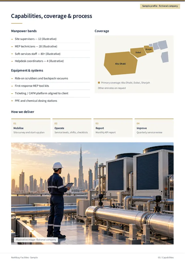 Northbay Facilities sample profile, English page 3 “Capabilities, coverage & process”: workforce categories, equipment and systems, a UAE coverage map, a four-step service process and a rooftop plant photo.