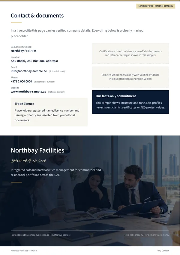 Northbay Facilities sample profile, English page 4 “Contact & documents”: clearly marked placeholder contact details (fictional address and domain), notes on certifications and selected works, and a closing panel with the company name.