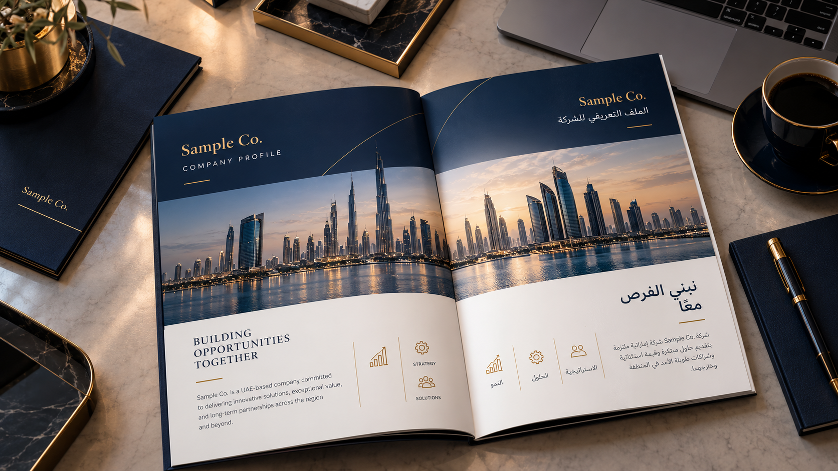انتشار PDF ثنائي اللغة مجهول مع ترويسات كحلية وخط ذهبي